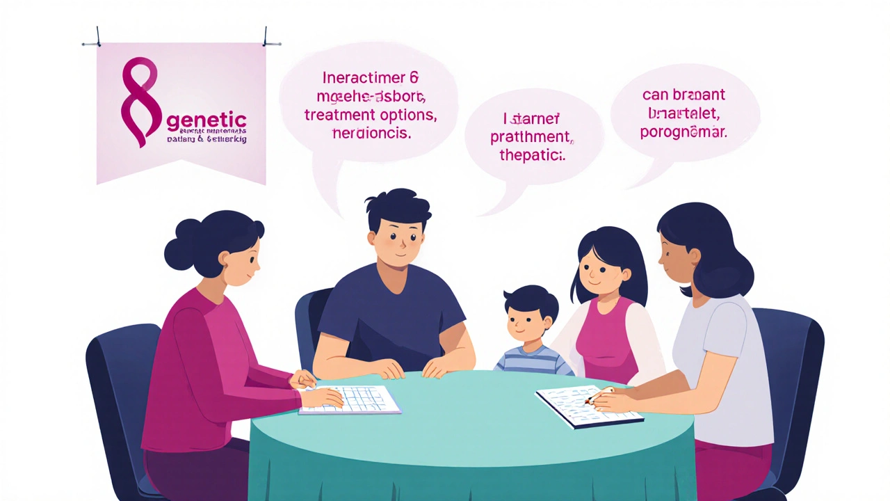 Cartoon duotone image of a family consulting a neurogenetics team about a genetic epilepsy diagnosis.