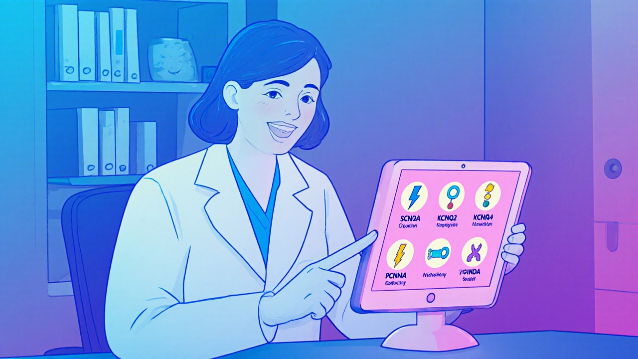 Cartoon duotone scene of a doctor reviewing gene icons for SCN1A, KCNQ2, CHRNA4 on a screen.