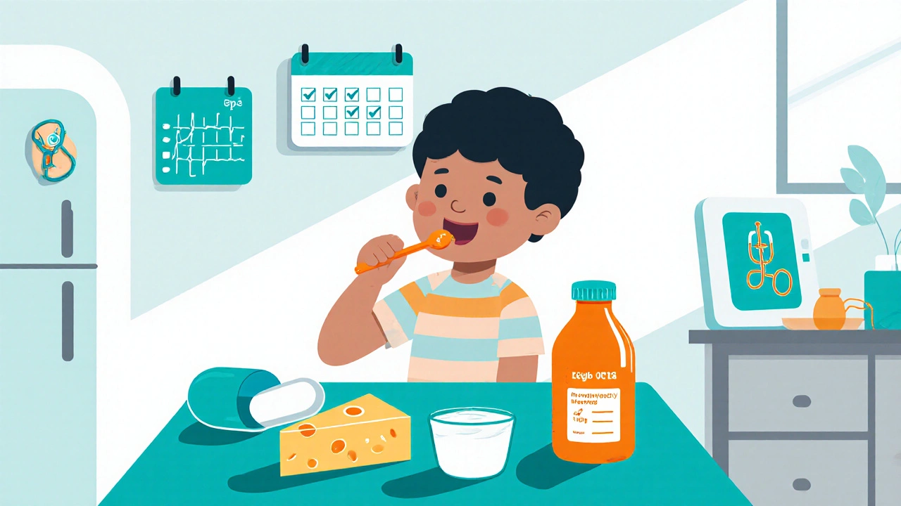 Child taking medicine with cheese snack, calendar checks, fridge, and ECG monitor.