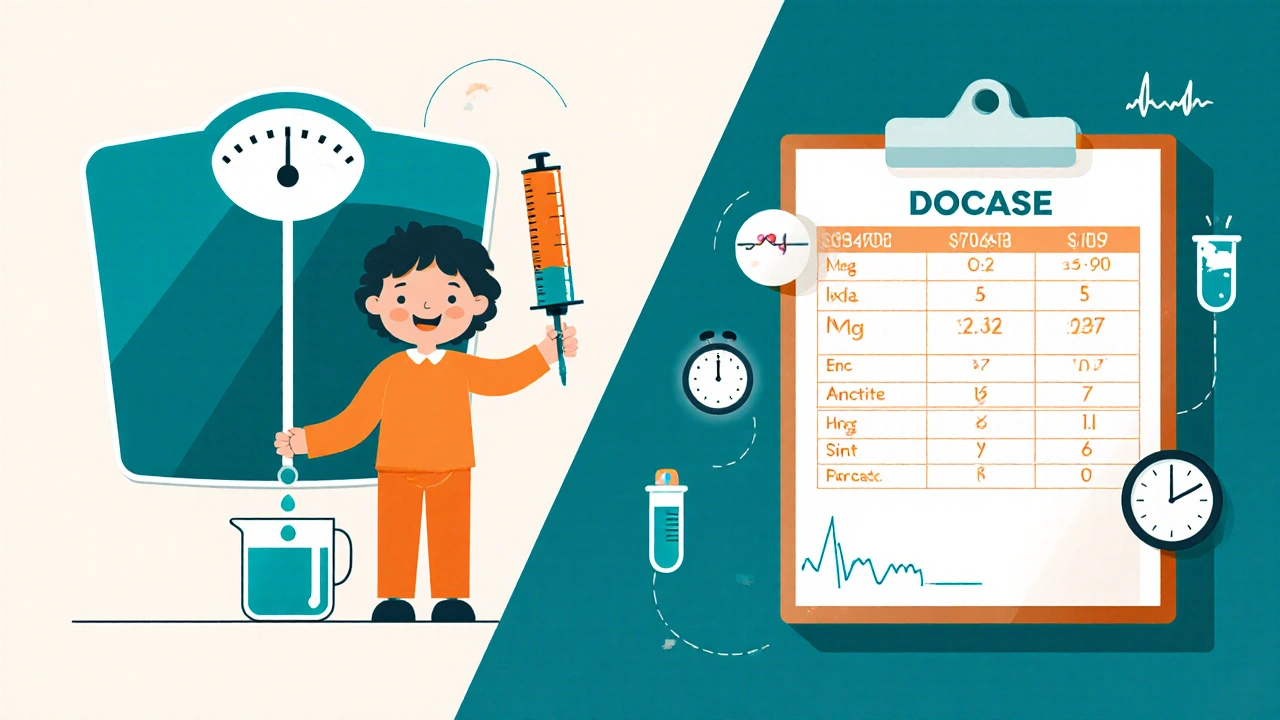Child with syringe beside a weight scale and dosage chart with lab icons.