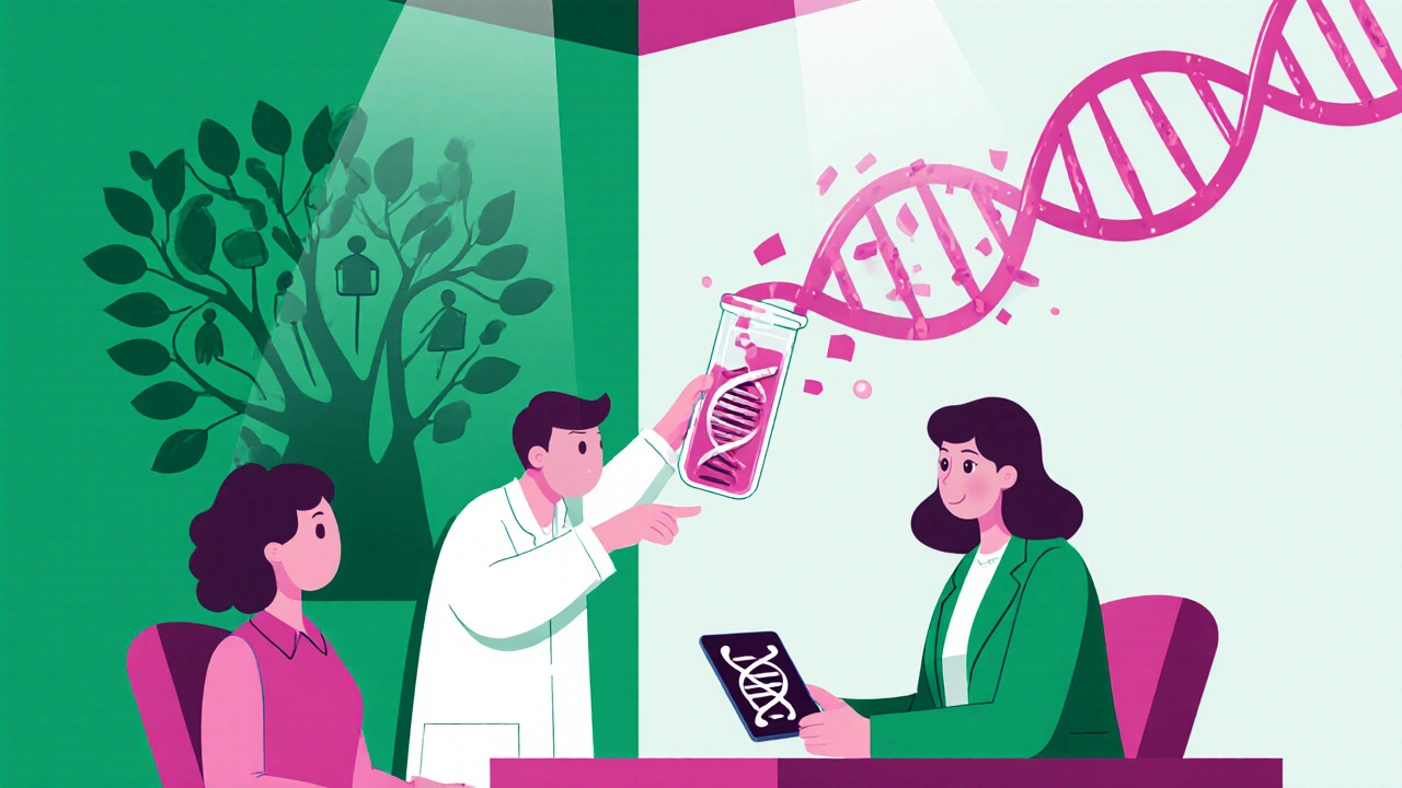 Clinic scene with patient, genetic counselor, DNA test tube and family tree illustration.