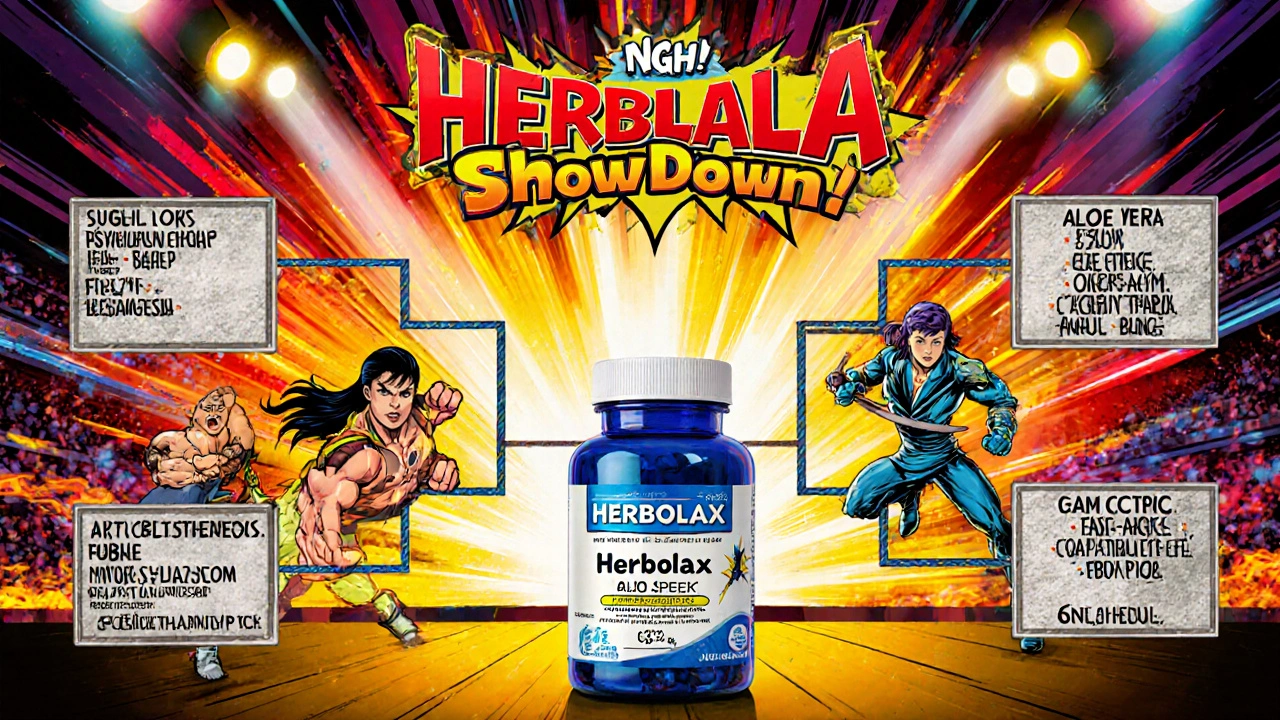 Comic tournament of laxatives with Herbolax as central balanced champion, displaying cost and speed.