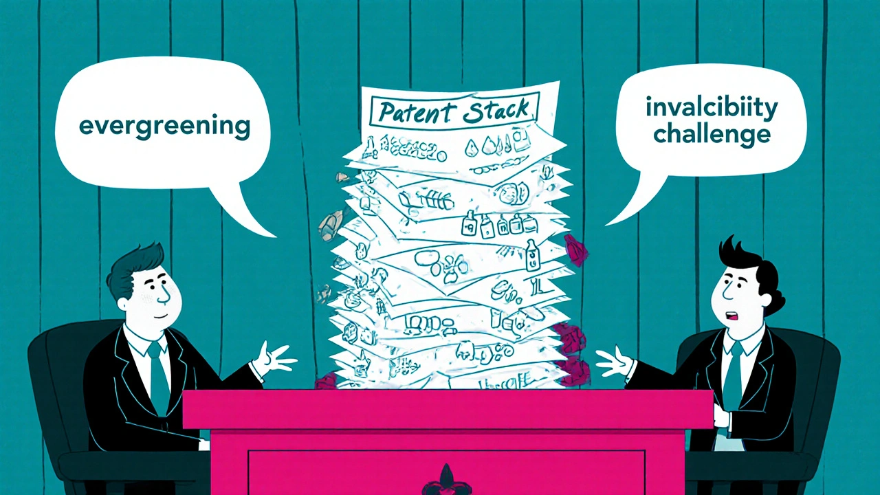Courtroom cartoon with a judge, lawyers, and a tall stack of patent papers labeled "Patent Stack".