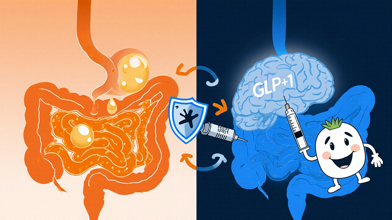 Cross‑section cartoon of gut showing Orlistat blocking fat and GLP‑1 signaling fullness.