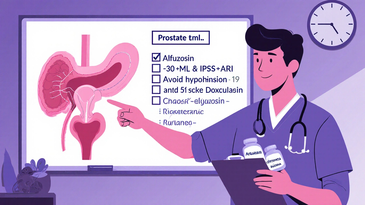 Doctor and patient reviewing a prostate size checklist with Alfuzosin and Finasteride tablets.
