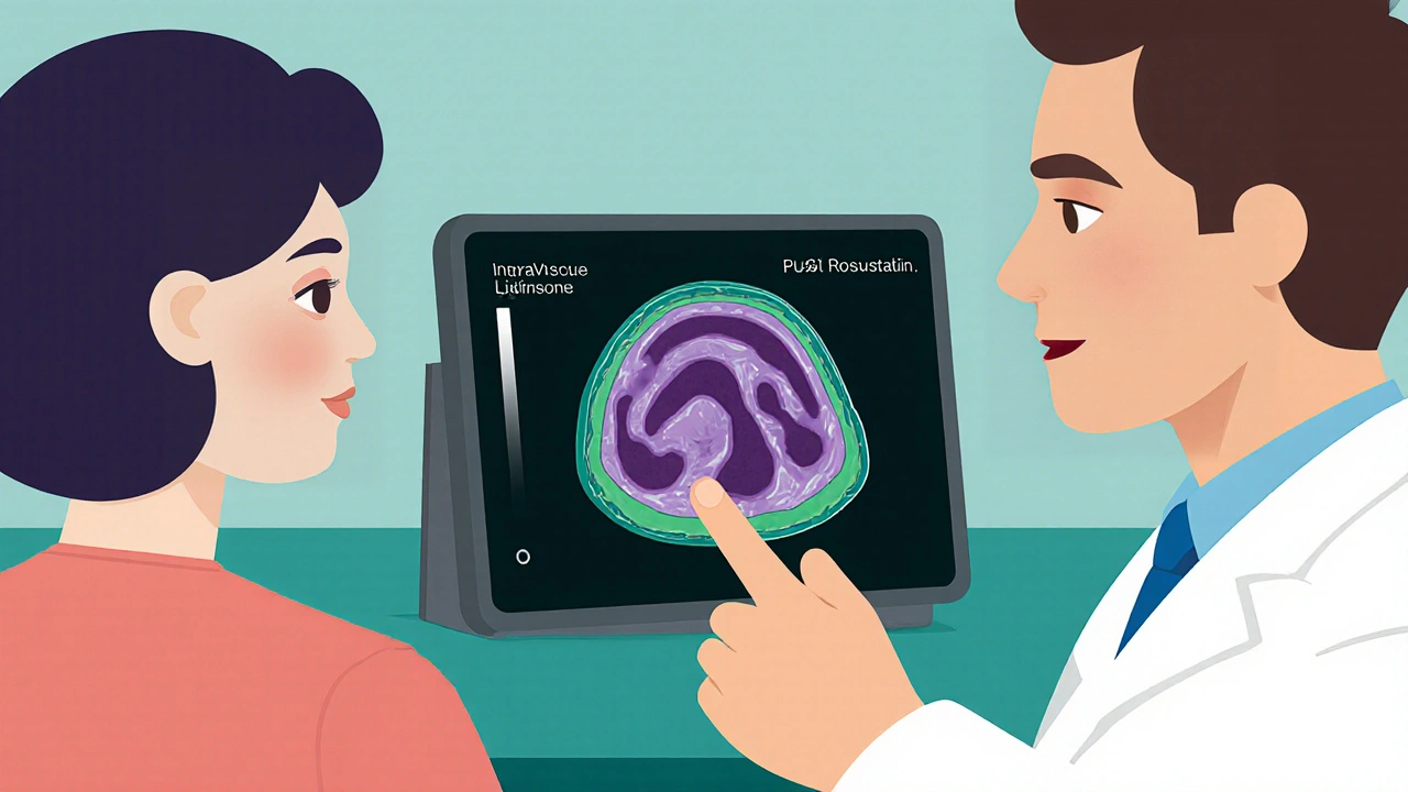 Doctor and patient reviewing ultrasound of stabilized plaque.