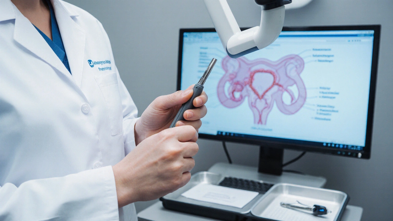 Doctor in white coat examining a patient with medical tools and a hemorrhoid treatment diagram in the background.