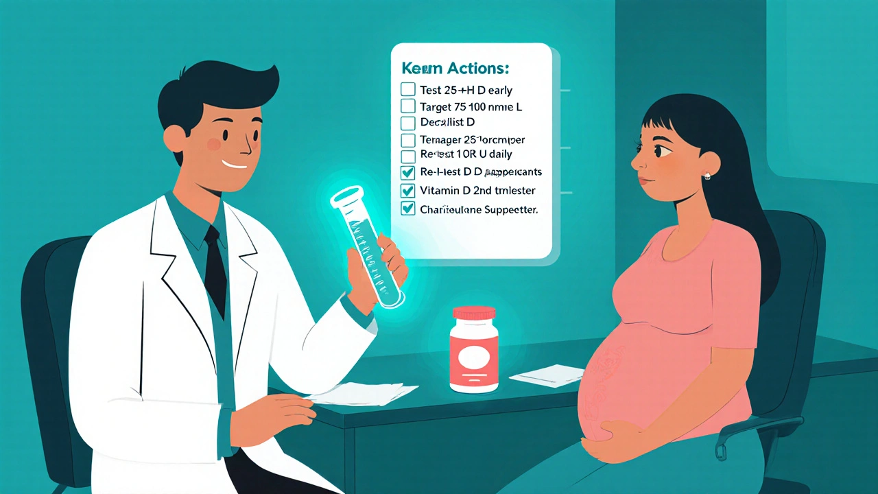 Doctor showing blood test and checklist to pregnant patient with supplement bottle.