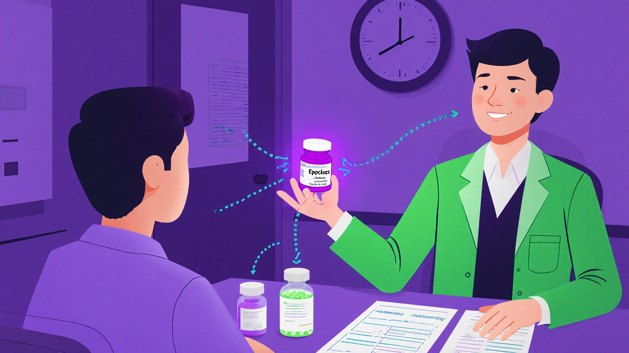 Doctor shows an Epclusa pill to patient with tacrolimus bottle and interaction arrows.