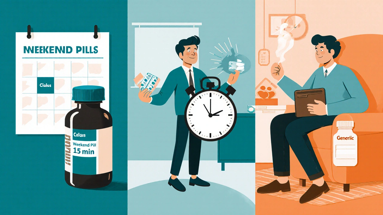 Duotone cartoon of three men each choosing an ED pill based on speed, duration, and cost.