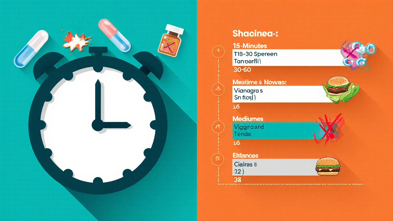 Duotone illustration showing clock arrows and duration bars comparing ED pills, with food icons.