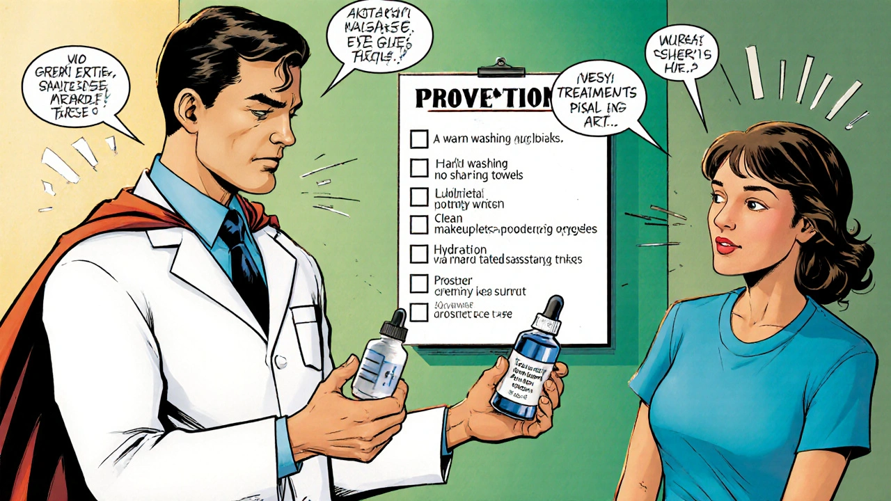 Heroic doctor giving eye care supplies while prevention tips appear on a wall.