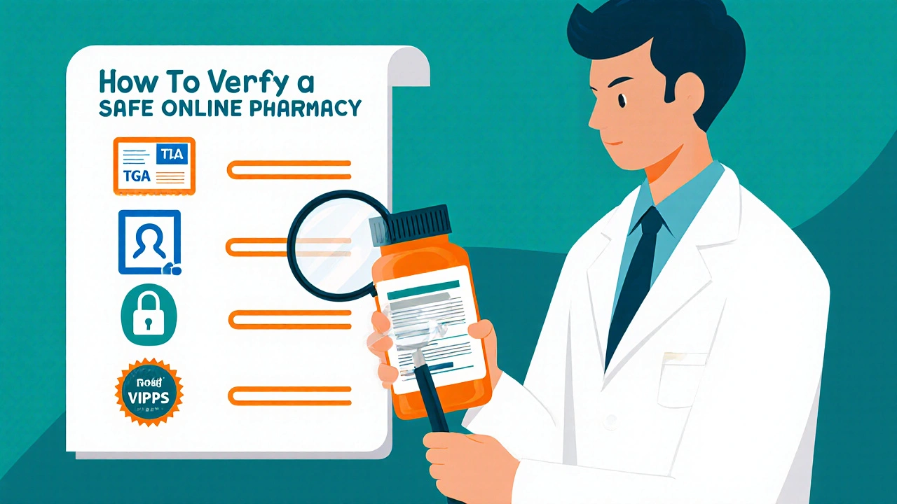 Illustrated checklist and pharmacist examining a generic medication label.