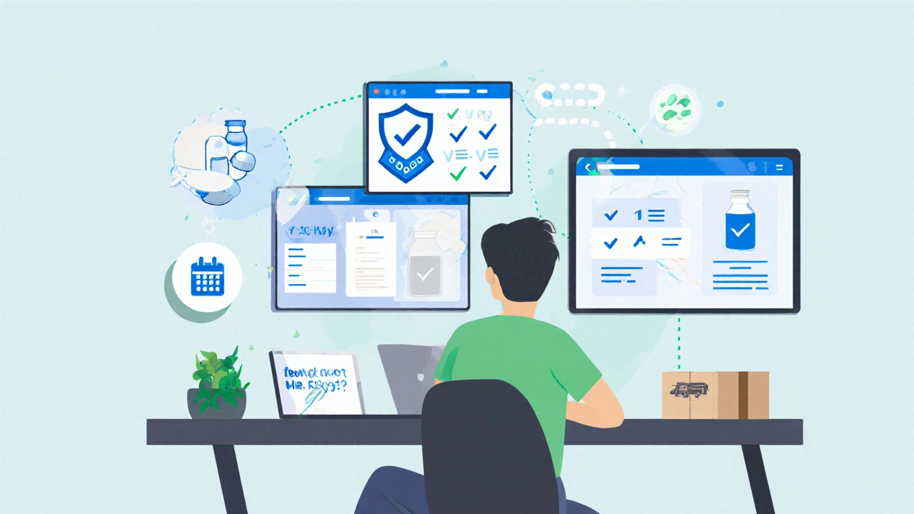 Illustration of a person comparing three pharmacy websites with checkmarks and shield icons.