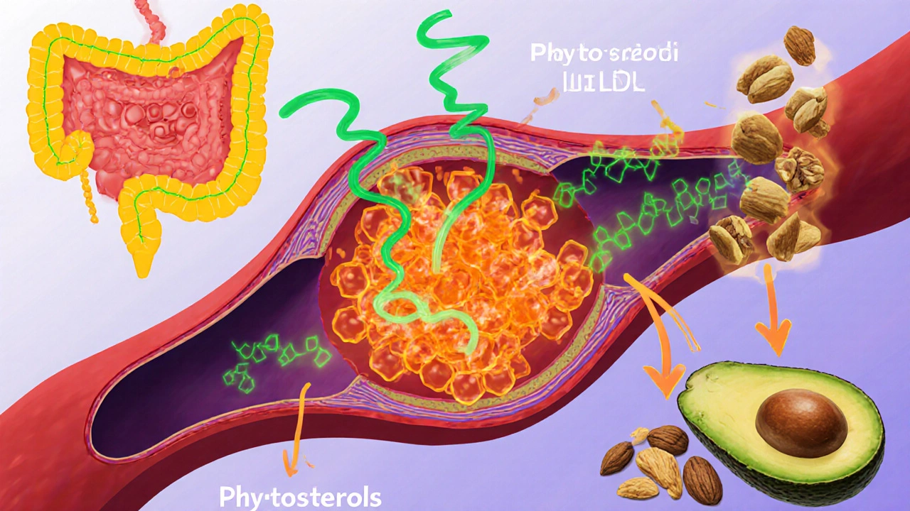Illustration of artery with LDL particles, fiber binding bile acids, phytosterols blocking absorption, and nuts improving HDL.