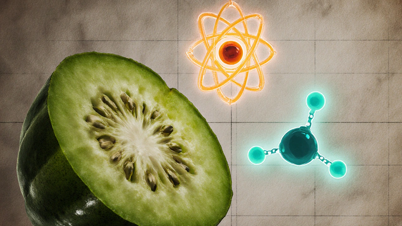 Illustration of bitter melon, a chromium atom, and an alpha‑lipoic acid molecule arranged together.