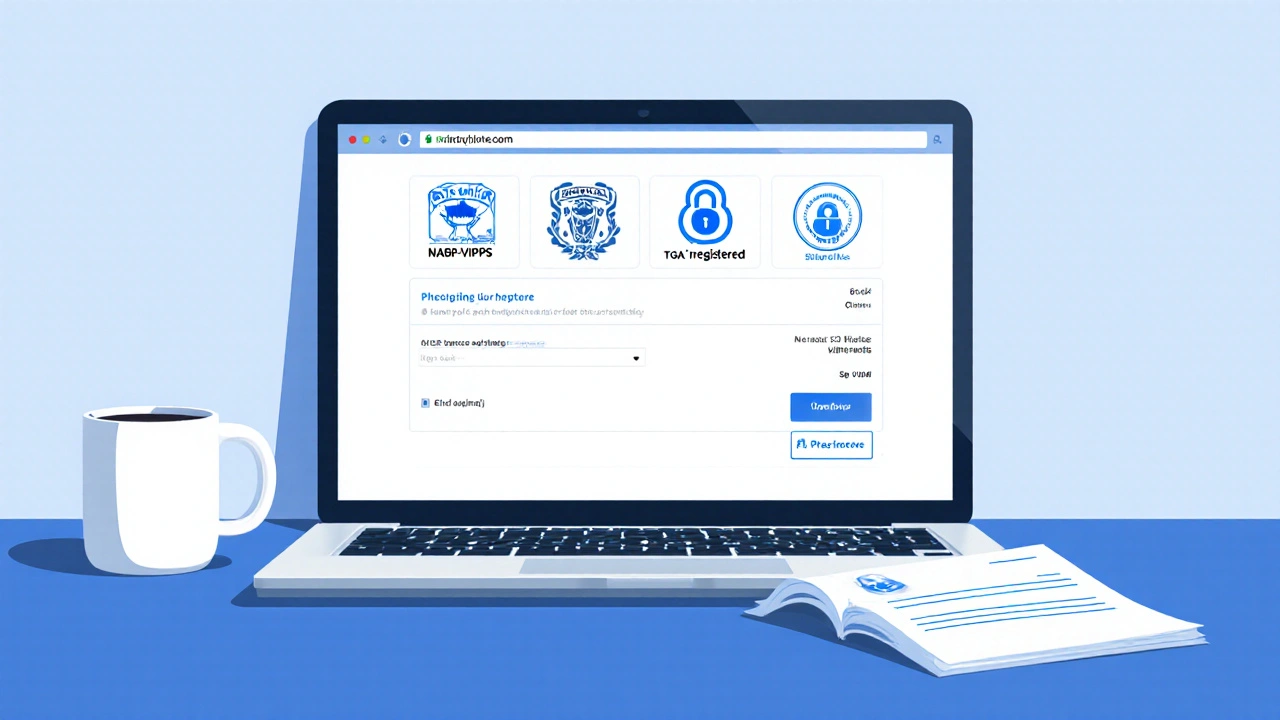 Illustration of laptop screen displaying pharmacy accreditation icons and prescription upload.