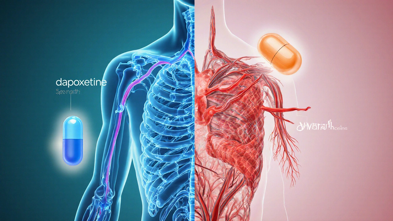 Illustration showing serotonin pathways and penile blood flow with dapoxetine and avanafil icons.