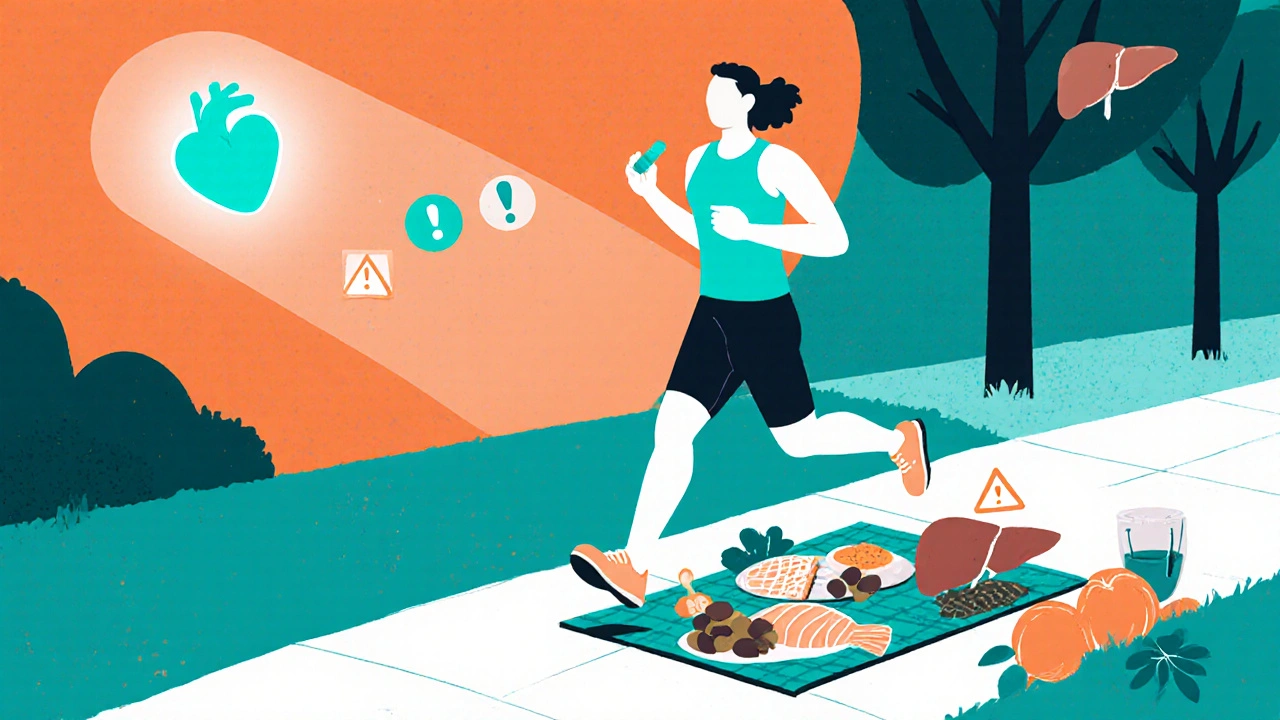Jogger with healthy diet and rosuvastatin pill showing heart health.