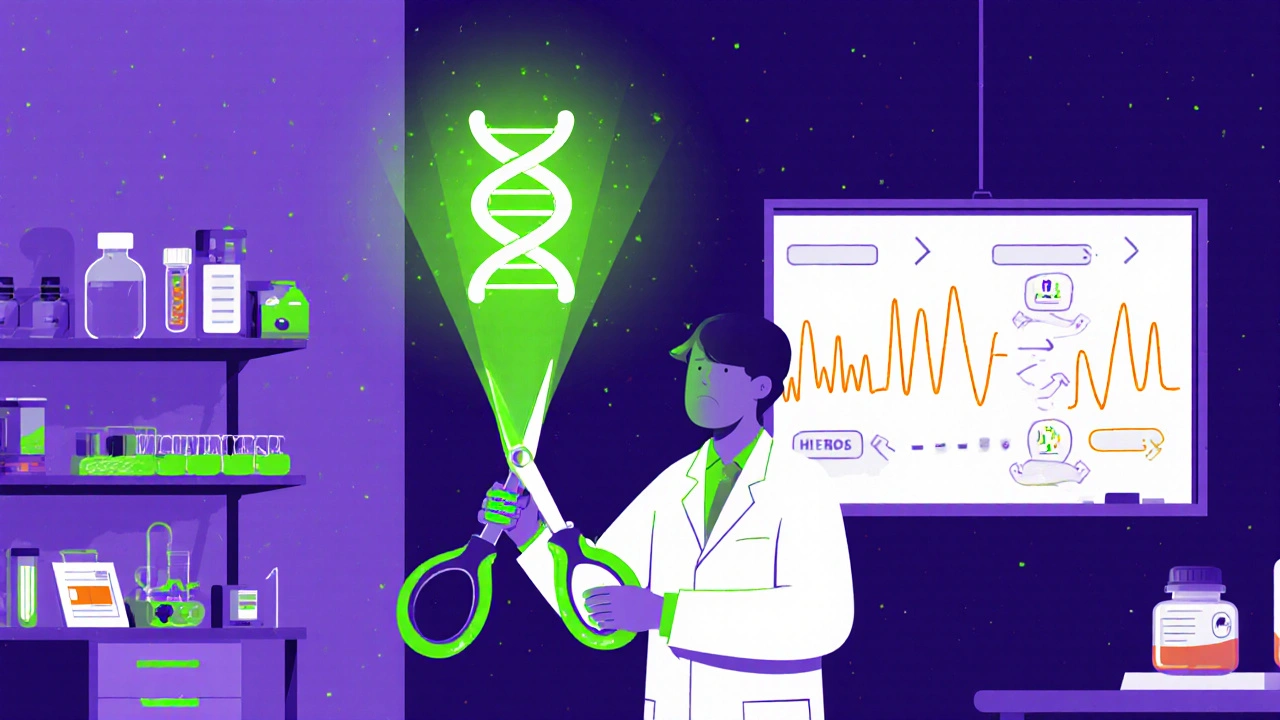 Lab illustration of scientist using CRISPR scissors on DNA with biomarker hologram.