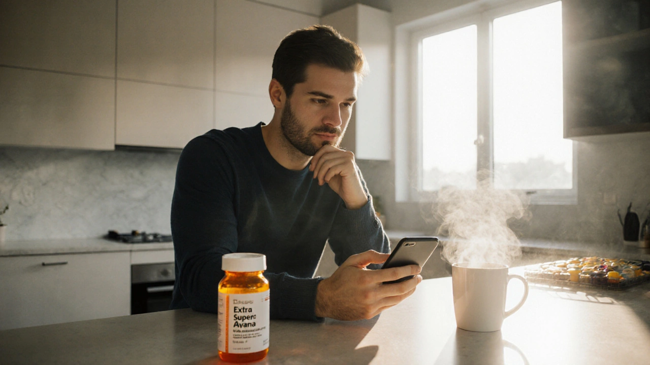 Man at kitchen table reviewing a pharmacy app with a prescription bottle nearby.