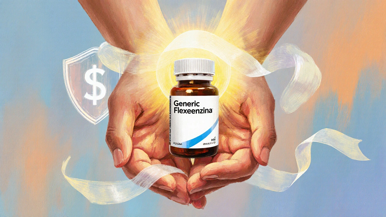 Painterly scene of hands holding a fluoxetine bottle with a glowing shield and dollar sign.