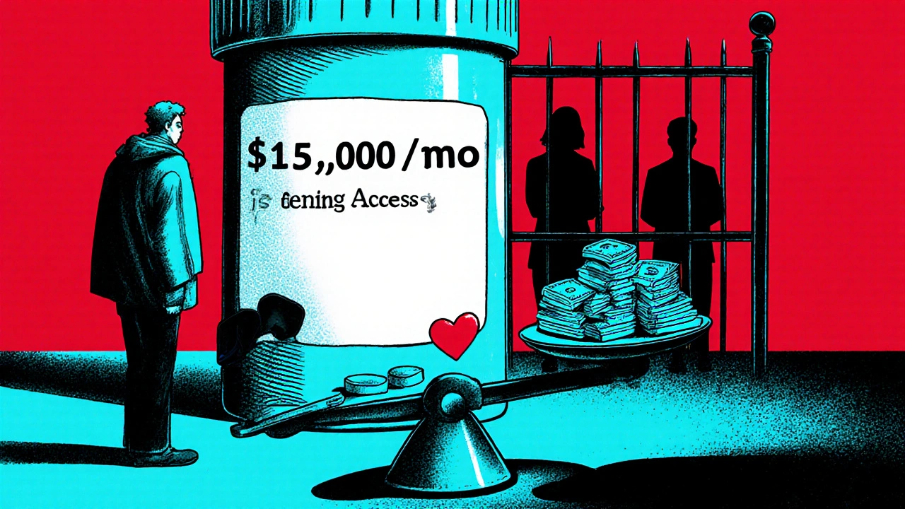 Patient facing an expensive prescription bottle, with generic pills behind a gate and a money-heart scale.