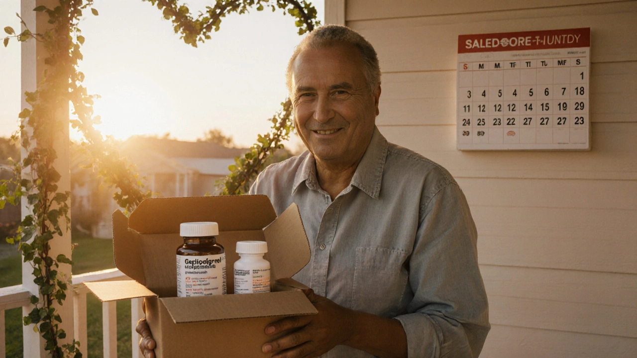 Patient opening a package, displaying a sealed bottle of generic clopidogrel.