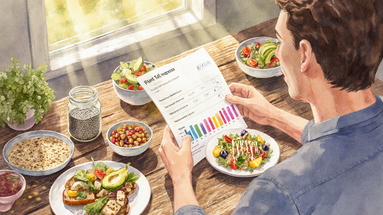 Person at a table reviewing lower LDL results while a week of plant‑based meals is displayed.