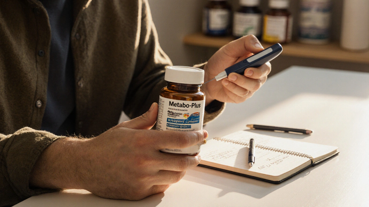 Person holding a Metabo‑Plus bottle and checking a glucose meter at a kitchen table.