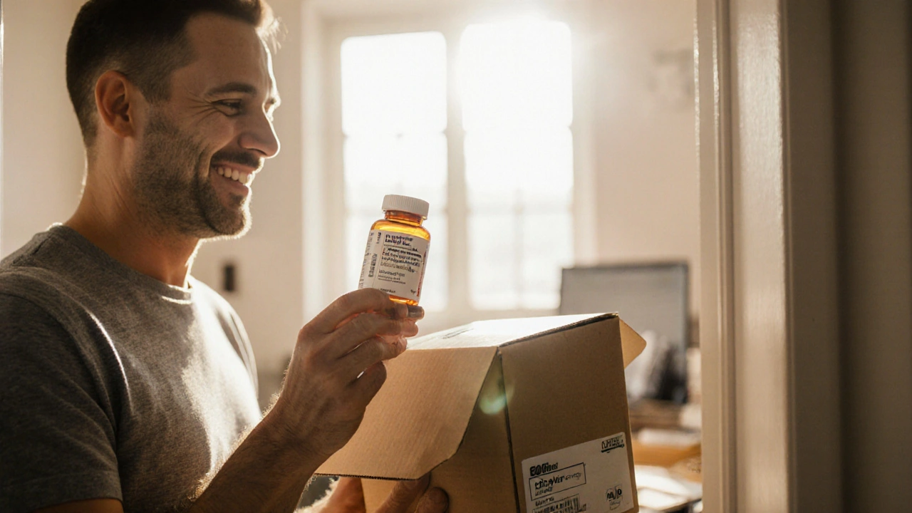 Person opening a delivery box, checking generic Paxil bottle and tablet imprint.