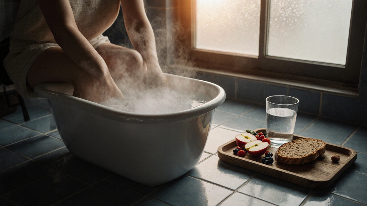 Person taking a warm sitz bath beside a tray of high‑fiber foods and a glass of water.