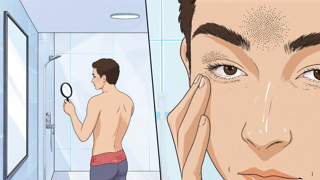 Person using a magnifying mirror to examine a rough spot on the forehead in a bathroom.