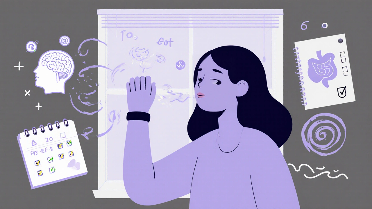 Person using acupressure band and deep breathing to relieve medication-induced nausea.