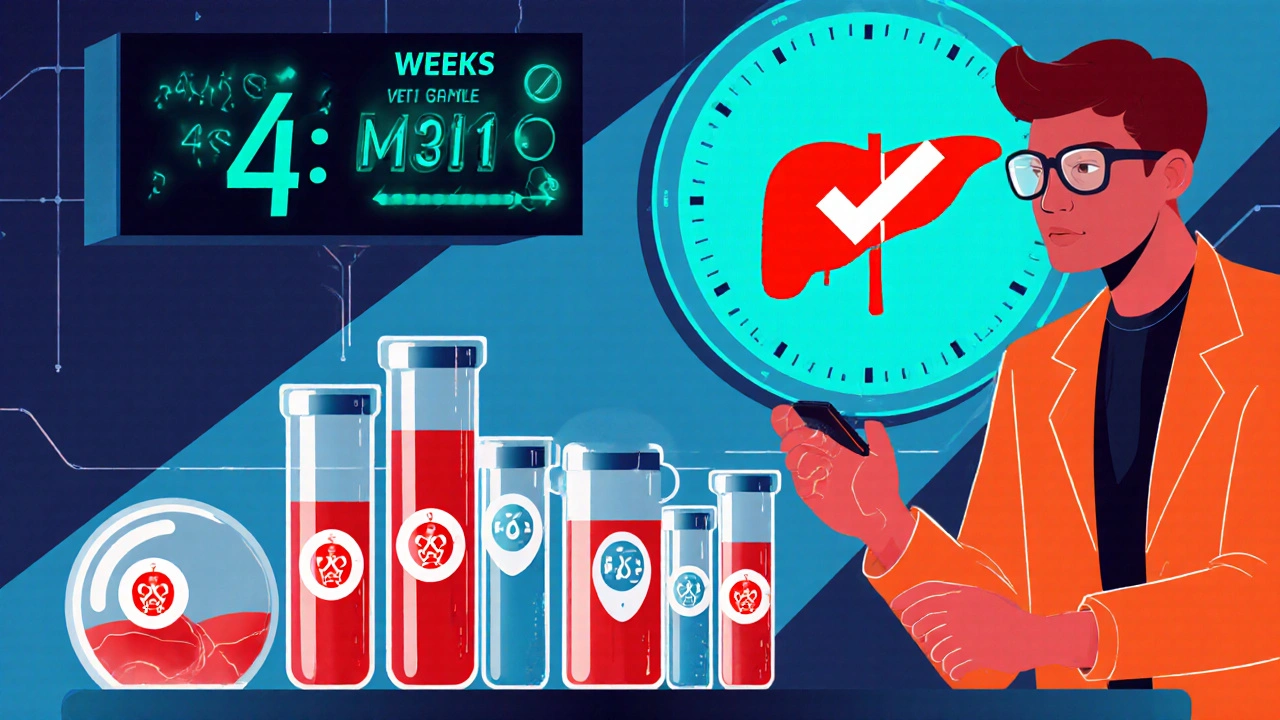 Scientists examine Velpatasvir test tubes while a timer shows a 4‑week course and a liver checkmark.