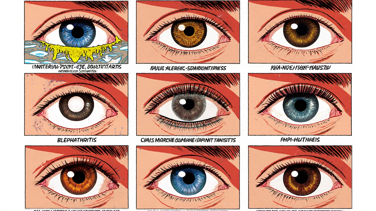 Series of panels showing different red‑eye infections and their symptoms.