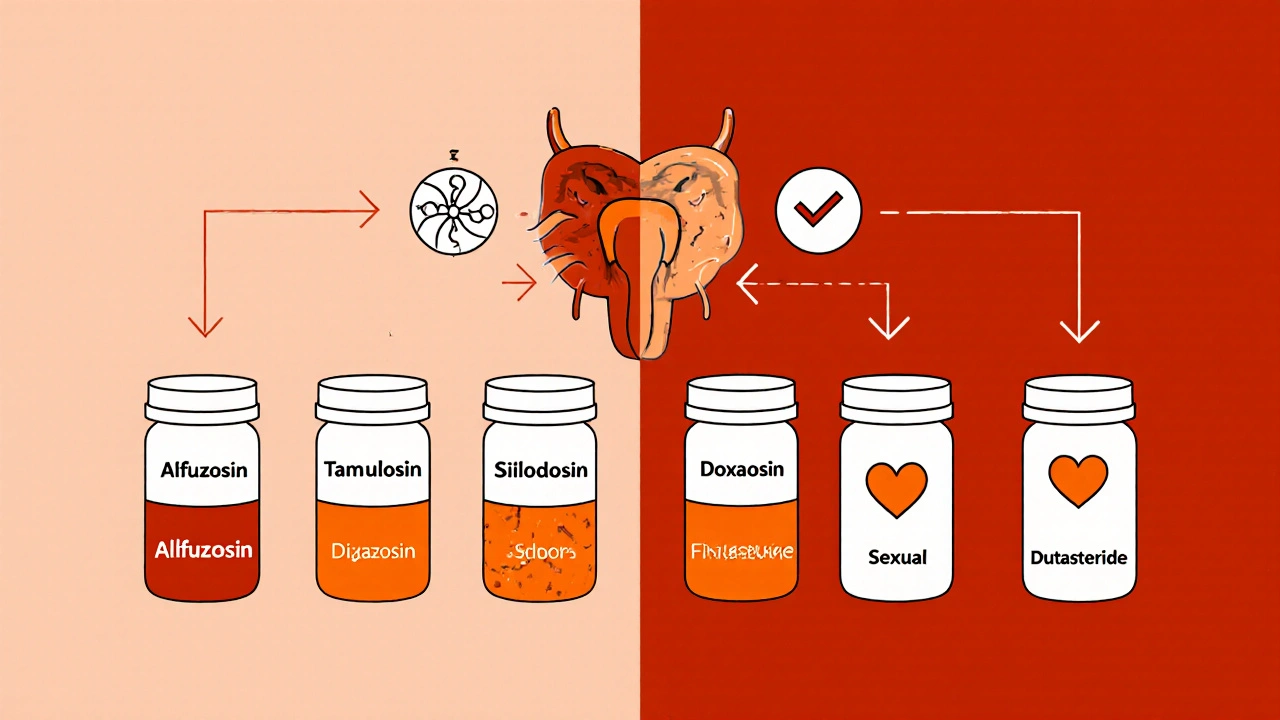 Six medication pills with icons showing dizziness, blood pressure safety, and sexual side effects.