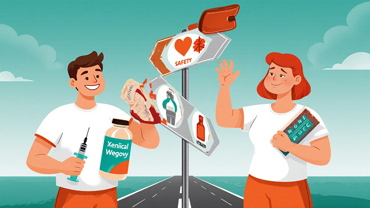 Three cartoon people at a decision fork holding different weight‑loss options.