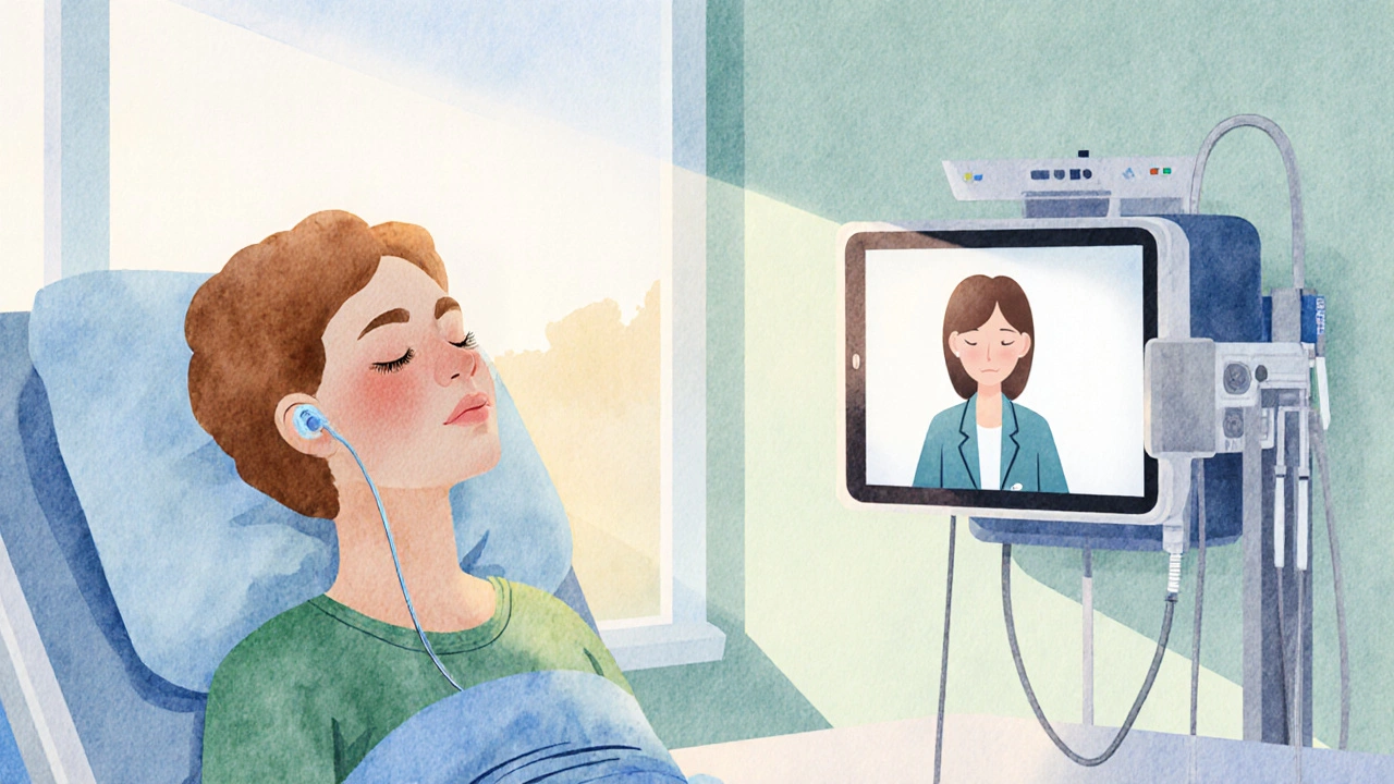 Woman receiving dialysis listening to music, therapist visible on tablet, soft morning light through window.