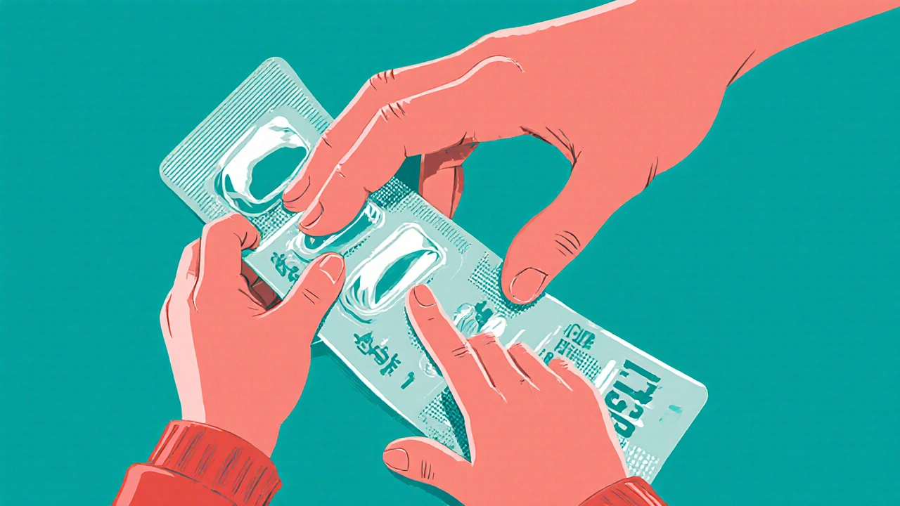 A child struggling to press through a blister pack foil while an adult applies full palm pressure.