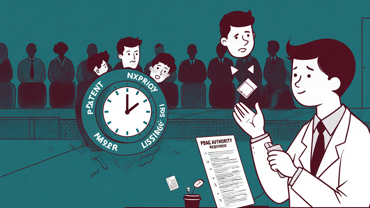 A clock with patient faces ticking from patent expiry to PBS listing, a generic pill dropping as a doctor fills out paperwork.