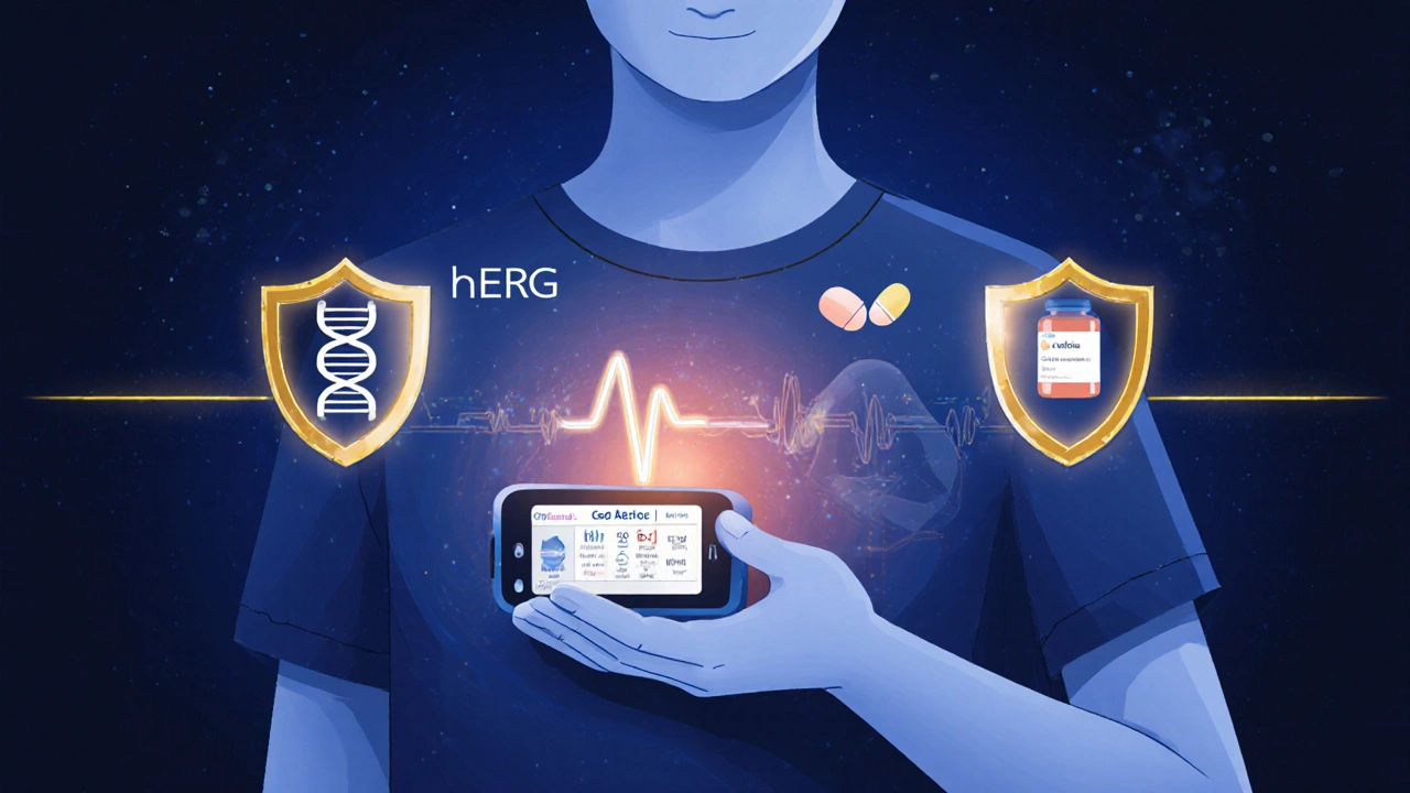 A handheld device measuring QT interval, overlaid with genetic and ion channel imagery, beside safe antibiotic alternatives.