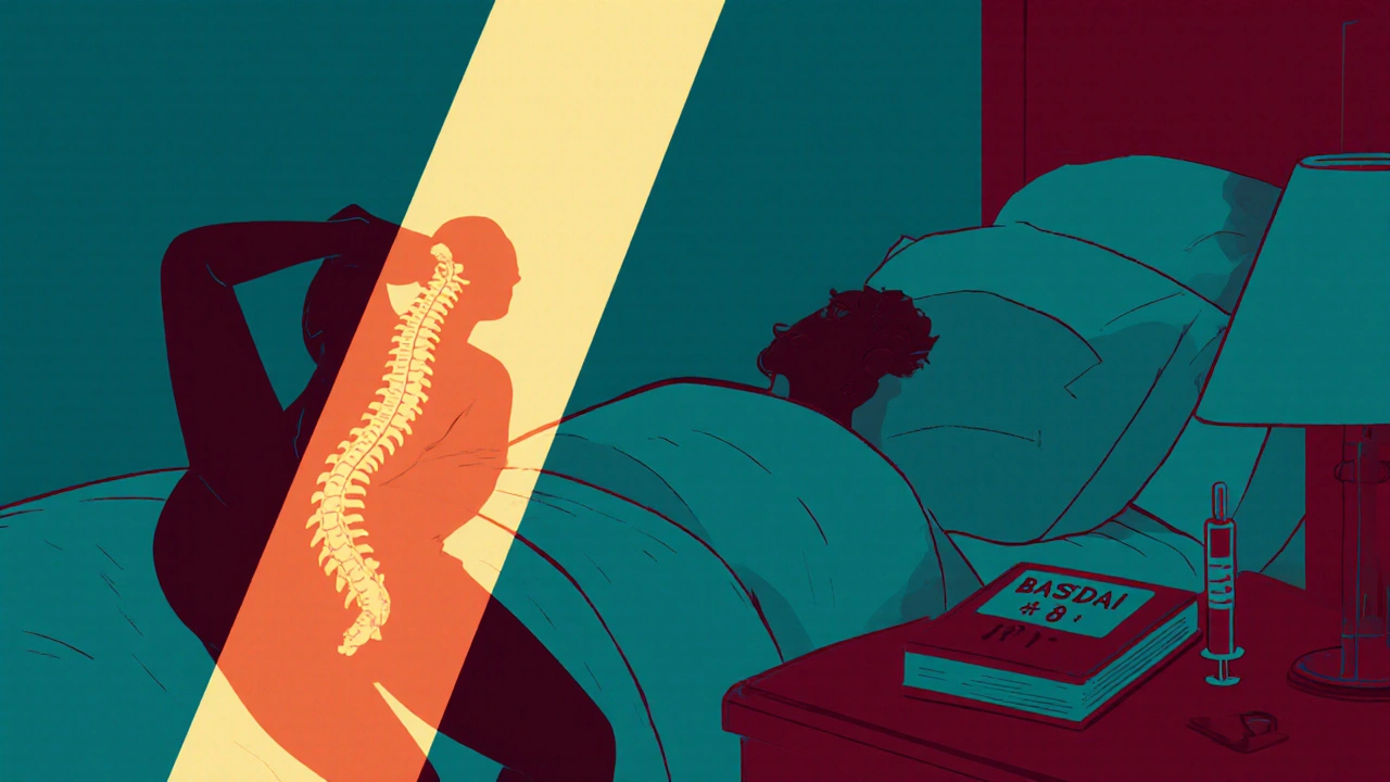 A person stretching in the morning, free from spinal stiffness, with a fading fused spine silhouette behind them.