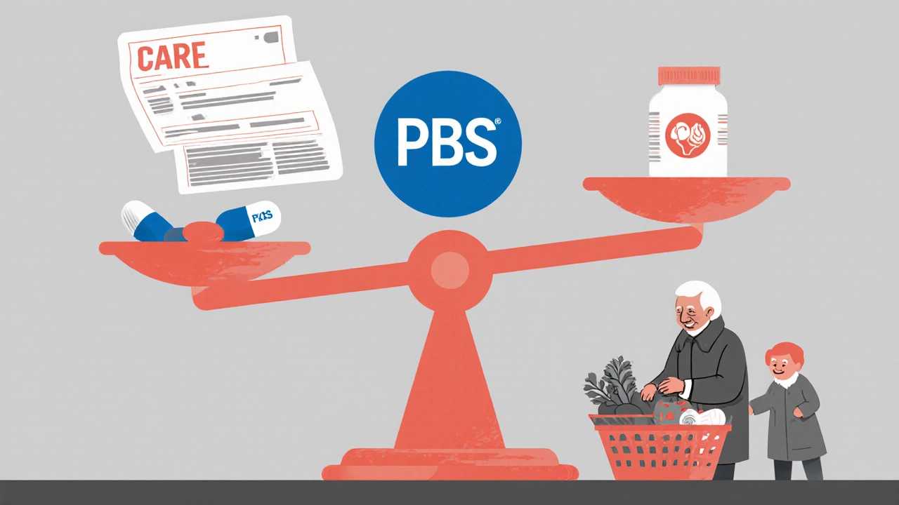 A scale balancing one brand-name pill against five generics, with a retiree placing groceries beside a hospital bill.