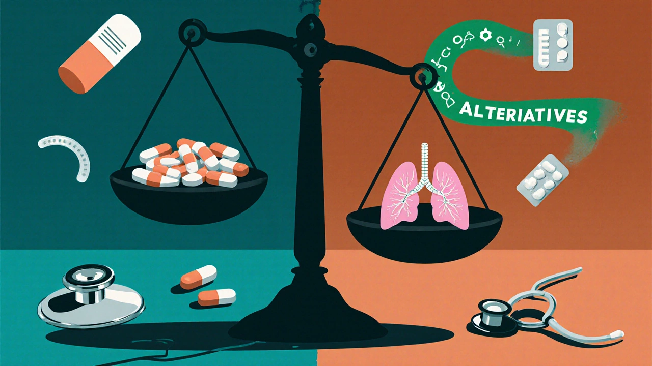 A scale tipped by pain medications, with a cracked lung on one side and safer alternatives on the other.