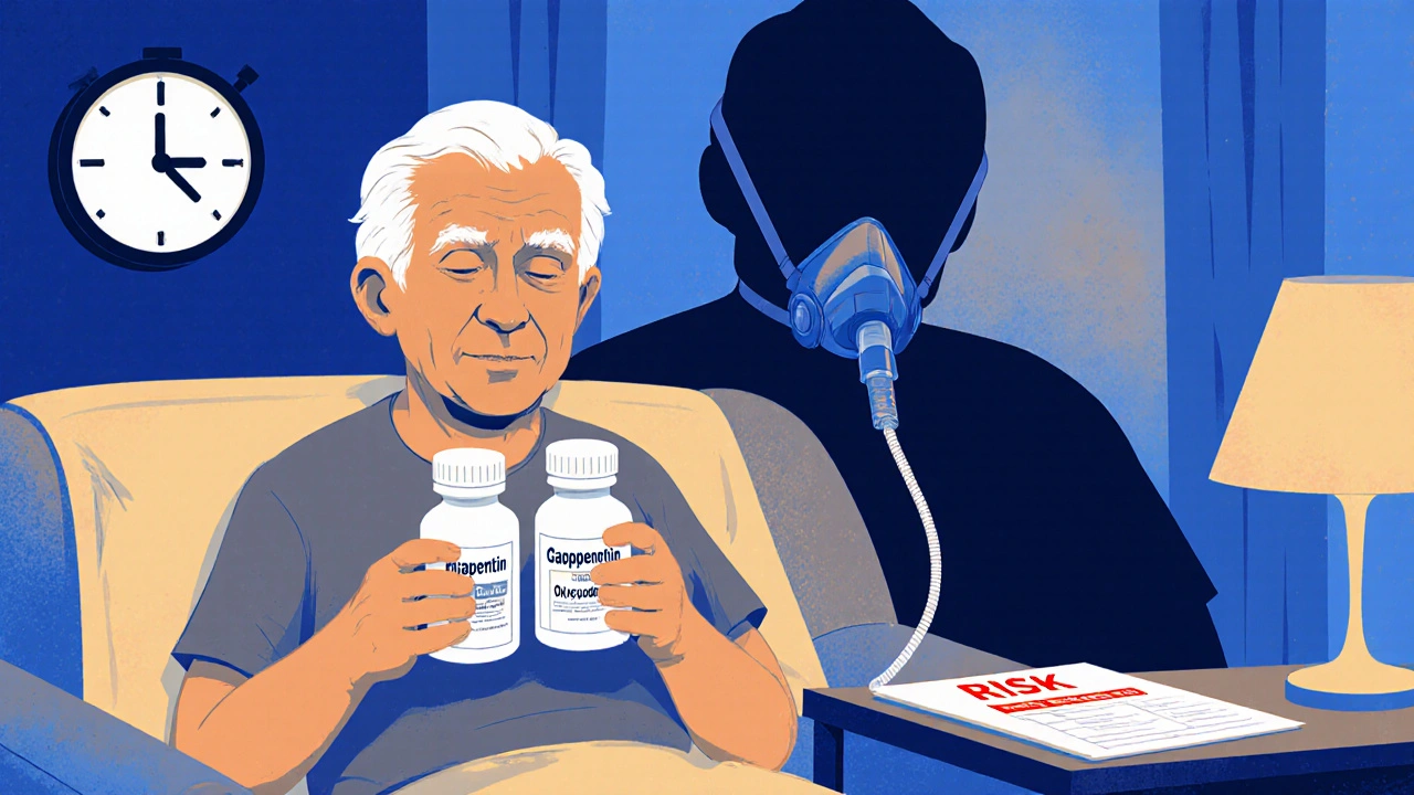 An elderly person holding two pill bottles while a shadowy breathing mask looms behind them in duotone illustration.