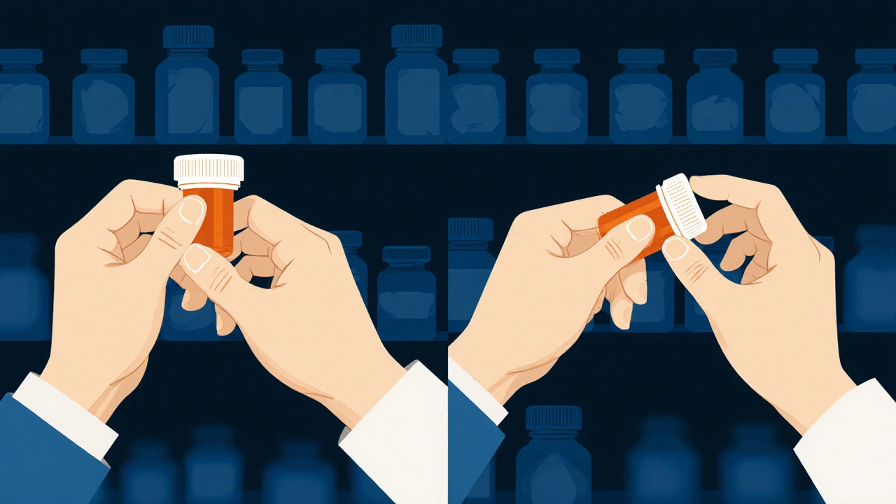 An elderly person opening a senior-friendly medicine cap next to a traditional one.