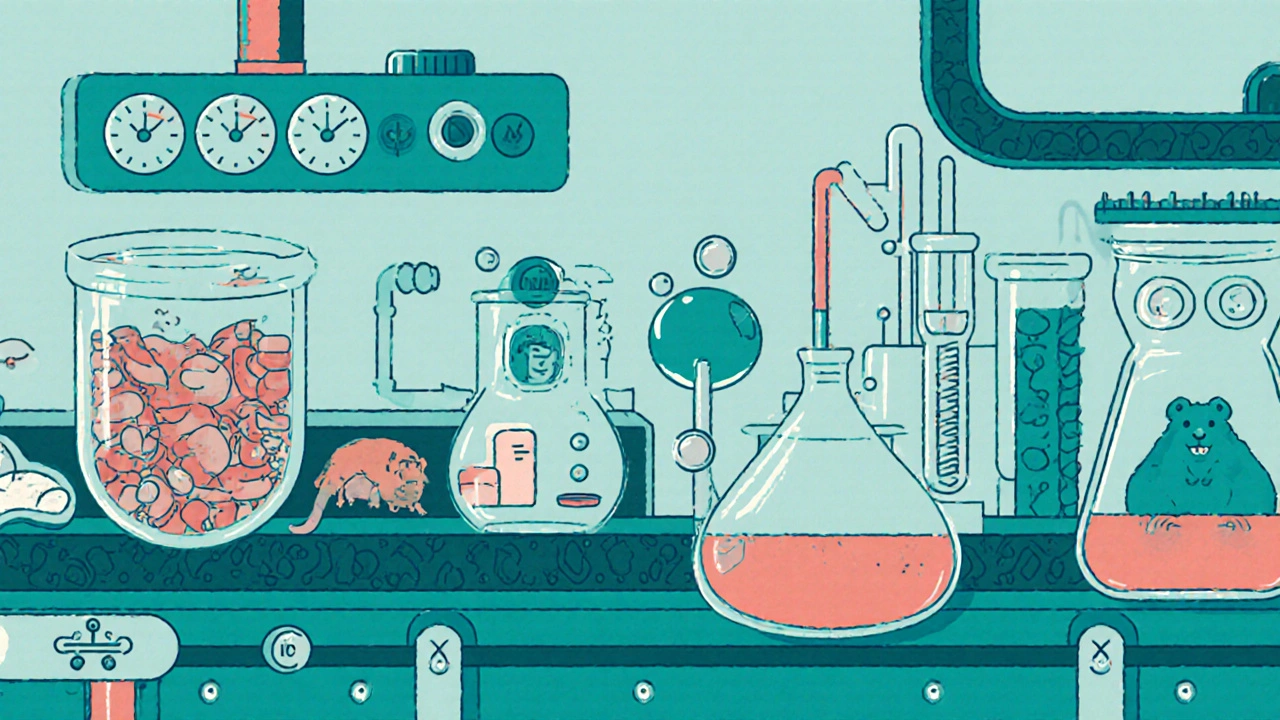 An illustrated conveyor belt showing the multi-step production of biologic drugs from cells to vials.