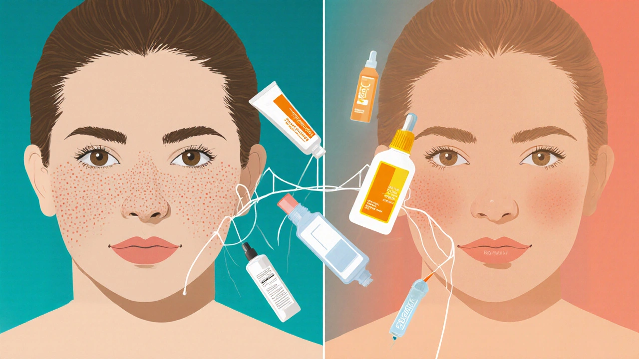 Before-and-after face split showing scar improvement through topical and professional treatments.