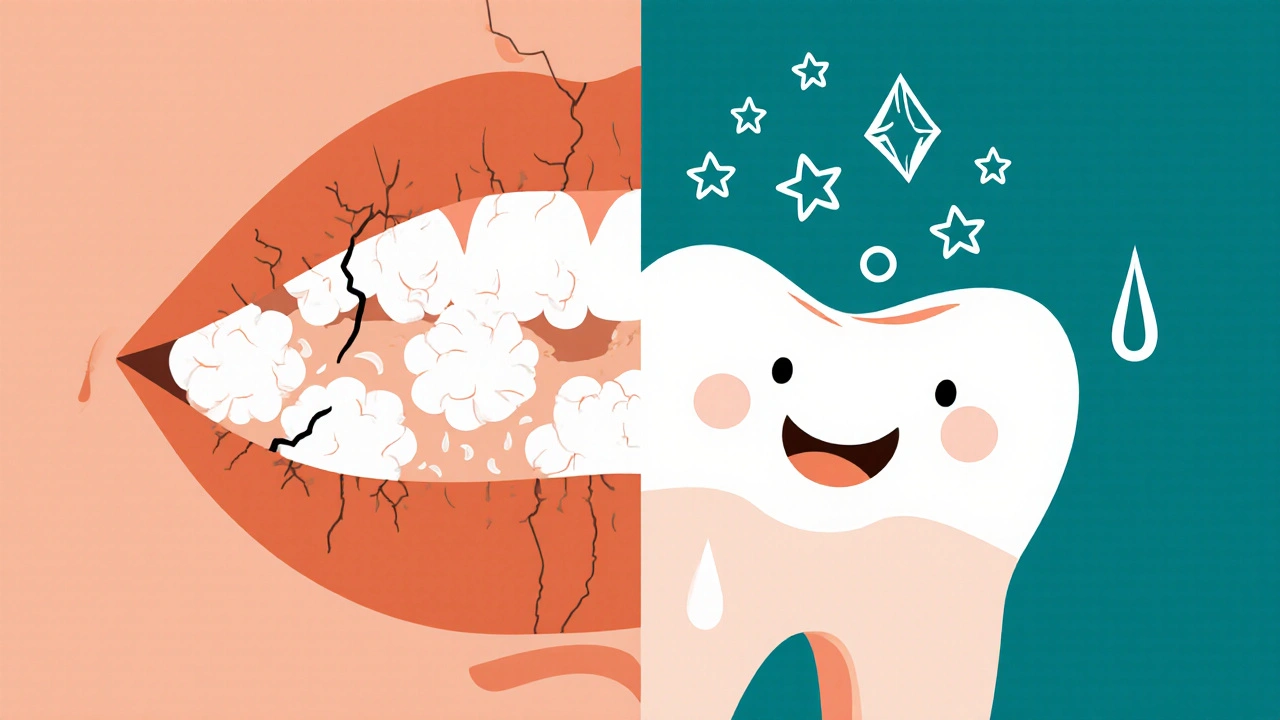 Comparison of dry vs. healthy mouth with xylitol crystals